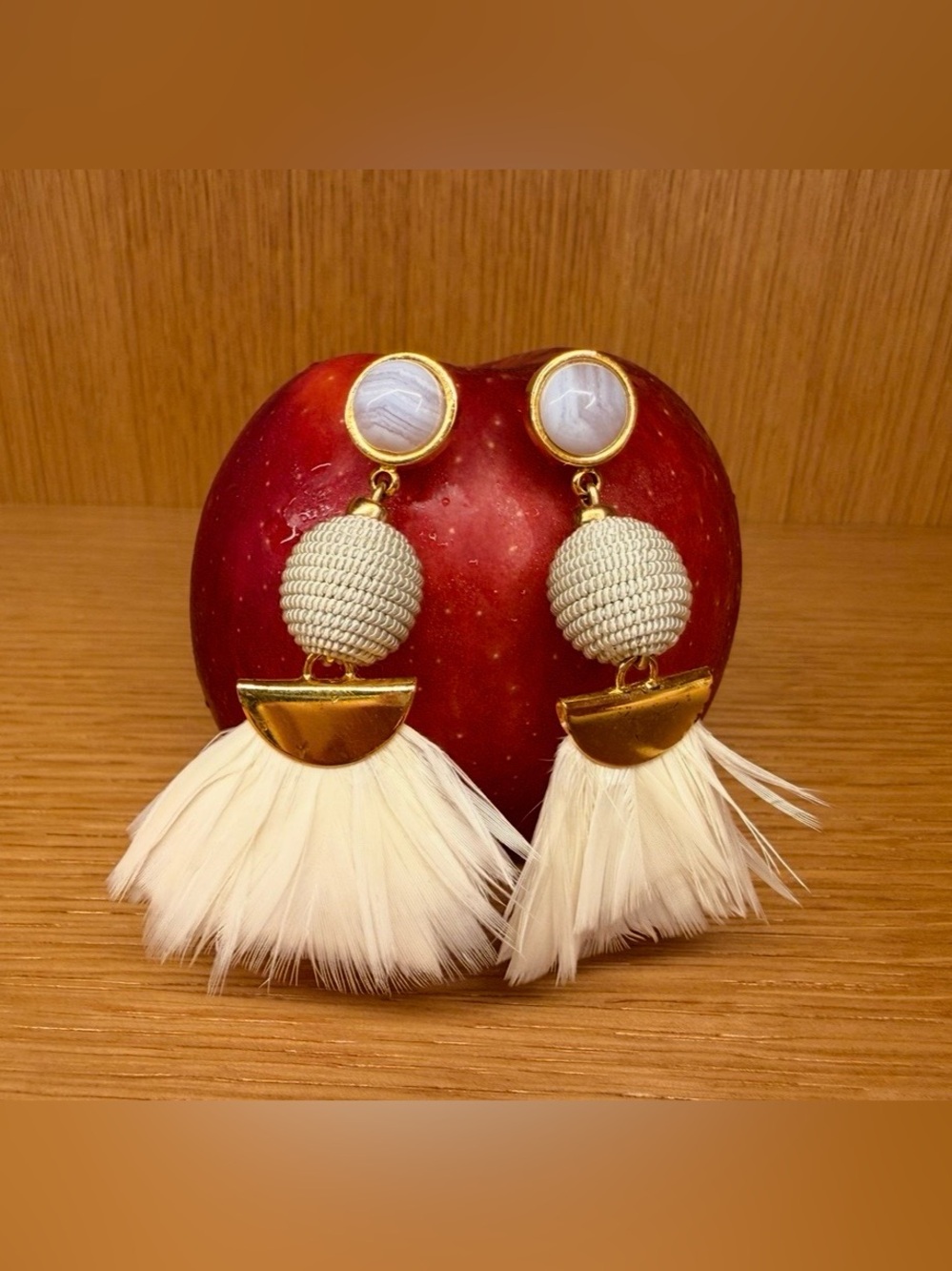 Lizzie Fortunato Ivory Feather Statement Earrings Gold Blue Stone